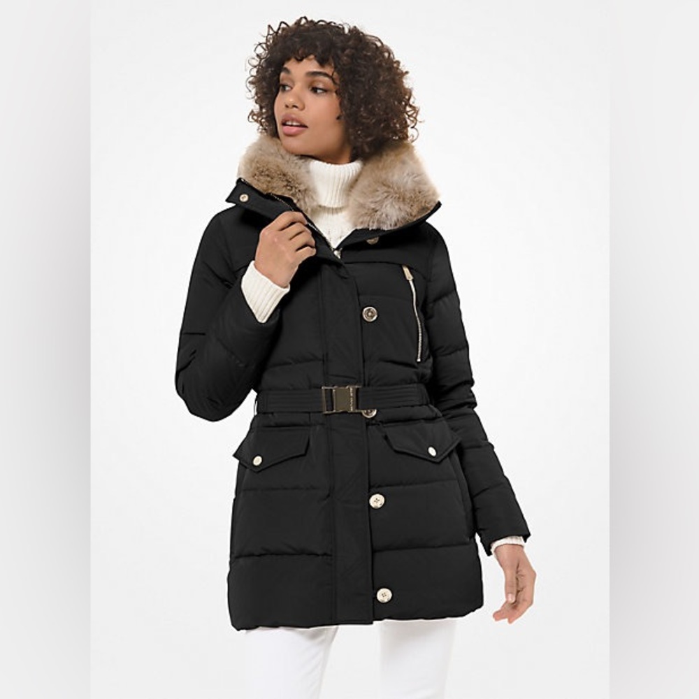 Michael Kors belted puffer coat with faux fur